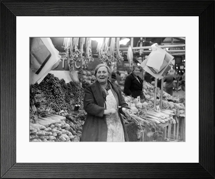 Framed Print : Woman serving on the green grocers stall at Kingston Market. Circa 1936 Framed Print : Woman serving on the green grocers stall at Kingston Market. Circa 1936