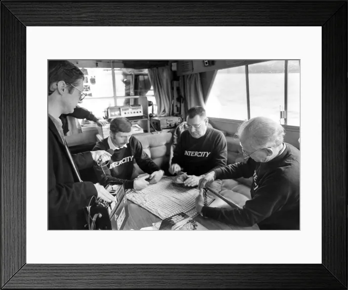 Framed Print : Walter Bellfield, second left, and Leo Casey, right, paly their final on board the Marly Framed Print : Walter Bellfield, second left, and Leo Casey, right, paly their final on board the Marly