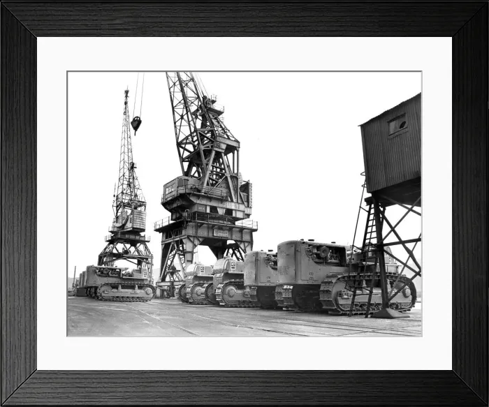 Framed Print : Strike bound tractors and cranes at Newcastle Quayside in 1970 Framed Print : Strike bound tractors and cranes at Newcastle Quayside in 1970