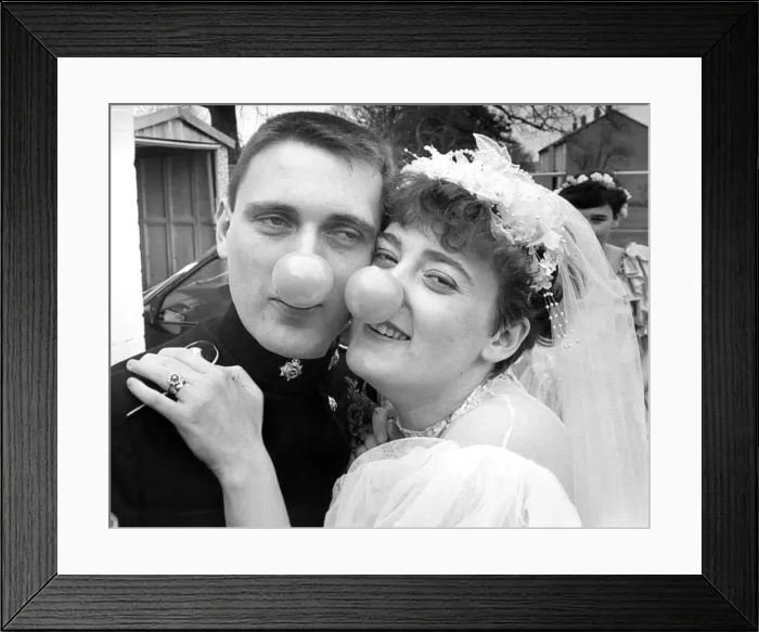 Framed Print : This couple are doing their bit for Comic Relirf on their wedding day in 1988 Framed Print : This couple are doing their bit for Comic Relirf on their wedding day in 1988