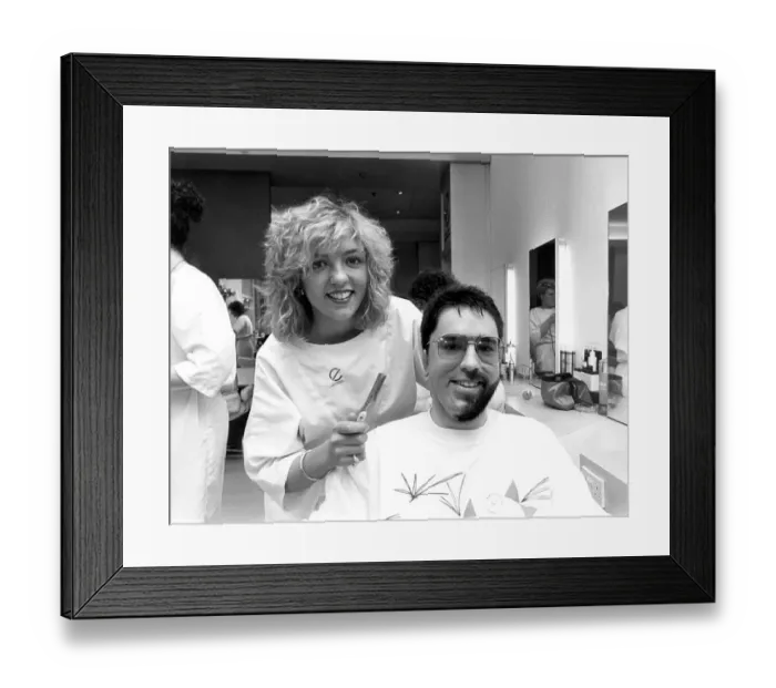 Framed Print : Julie Barker shaves half the beard off David Lees of Cramlington for Comic Relief in 1989 Framed Print : Julie Barker shaves half the beard off David Lees of Cramlington for Comic Relief in 1989