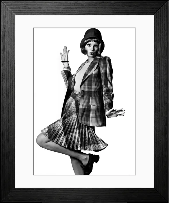 Framed Print : Ripply - striped pleated skirt and blazer jacket in navy and red are in cotton mixture