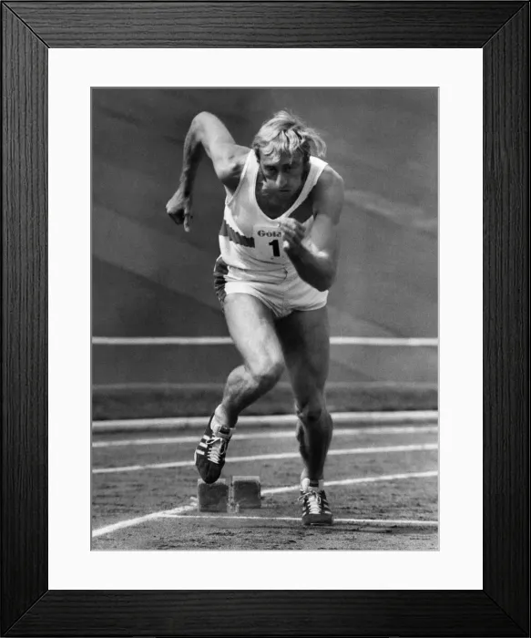Framed Print : David Hemery standing off in the 400 meter race at kirkby Liverpool. July 1972 P009926 Framed Print : David Hemery standing off in the 400 meter race at kirkby Liverpool. July 1972 P009926