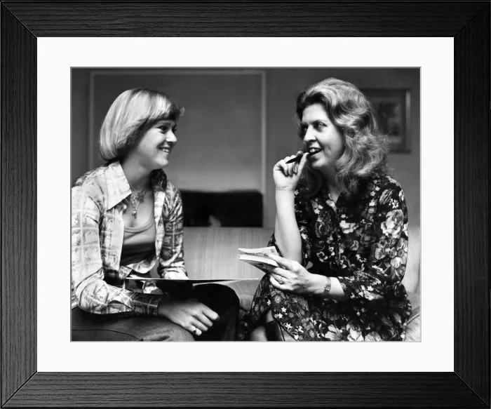 Framed Print : Authoress Andrea Newman Interviewing Tennis Star Sue Barker Hotel in London Framed Print : Authoress Andrea Newman Interviewing Tennis Star Sue Barker Hotel in London