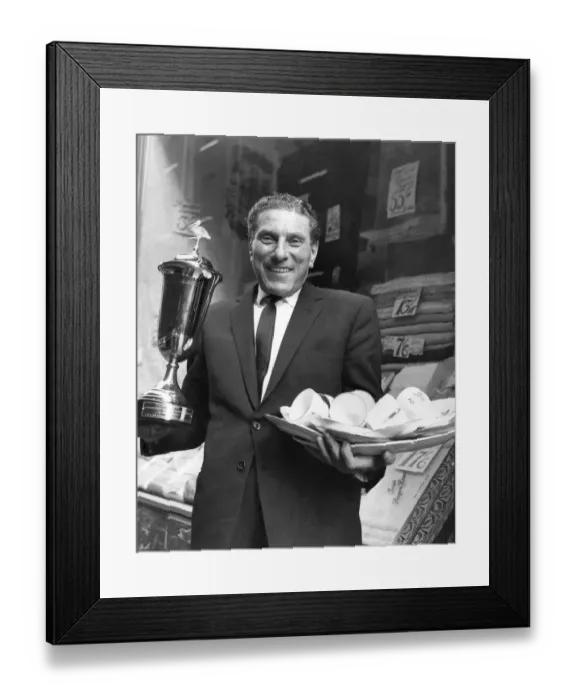 Framed Print : Street Traders: Sid Strong with the cup he won as
