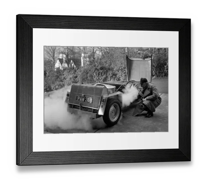 Framed Print : Man driving a steam powered car near his home December 1970 70-11615-002 Framed Print : Man driving a steam powered car near his home December 1970 70-11615-002