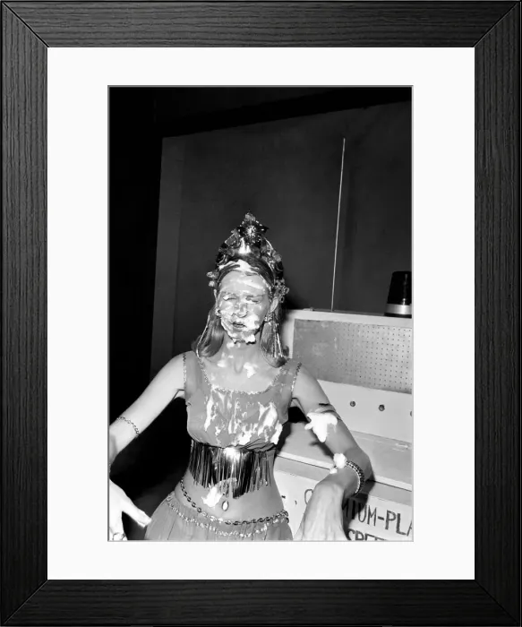 Framed Print : Sara Wade covered in cream after custard pies had been thrown at her Framed Print : Sara Wade covered in cream after custard pies had been thrown at her