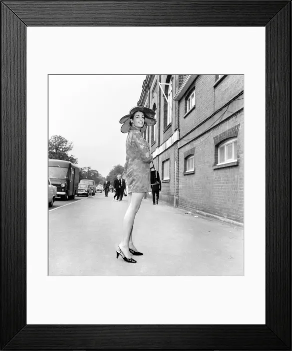 Framed Print : Woman wearing mini dress with large hat on the first day of Royal Ascot June 1970 Framed Print : Woman wearing mini dress with large hat on the first day of Royal Ascot June 1970