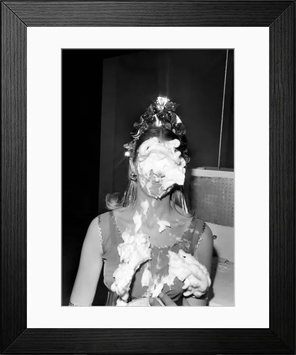 Framed Print : Sara Wade covered in cream after custard pies had been thrown at her Framed Print : Sara Wade covered in cream after custard pies had been thrown at her