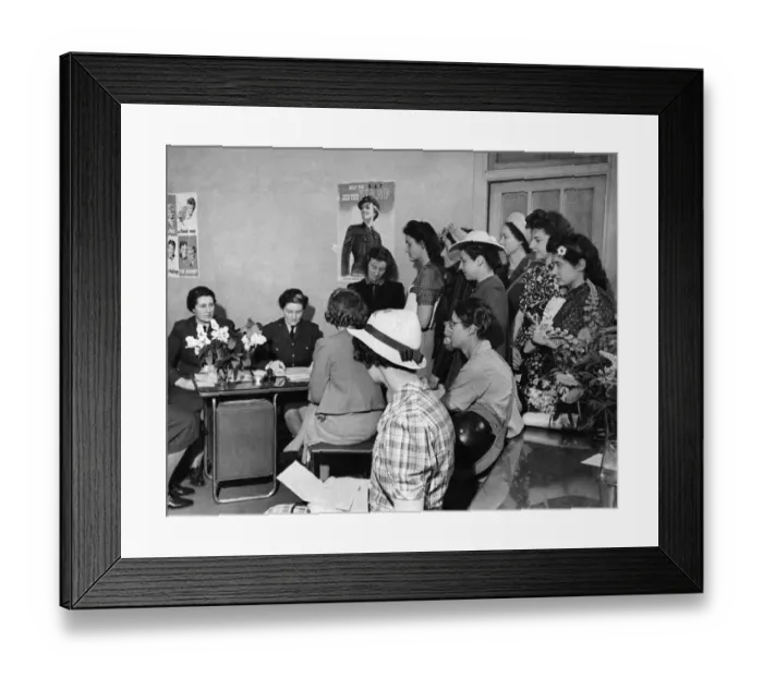 Framed Print : World War II Women. Women waiting to be interviewed as recruits for radio location Framed Print : World War II Women. Women waiting to be interviewed as recruits for radio location