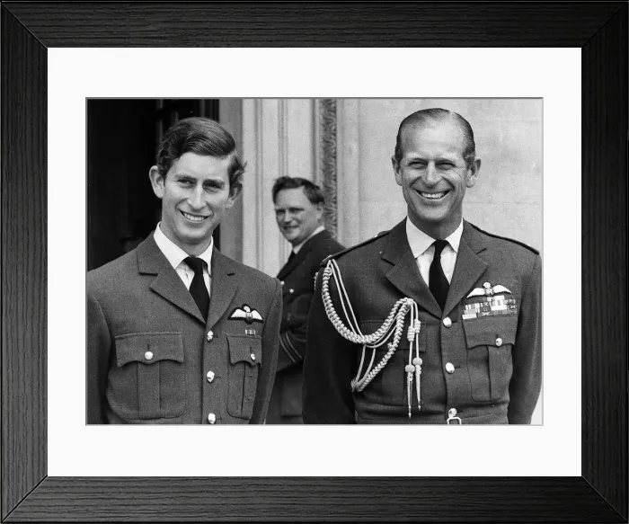 Framed Print : Prince Charles and his father Prince Philip wearing RAF uniform at the passing out parade Framed Print : Prince Charles and his father Prince Philip wearing RAF uniform at the passing out parade