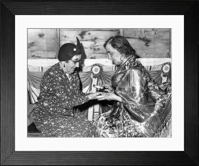 Framed Print : Madame Zara gives some interesting news to a visitor to her tent at Guisborough British