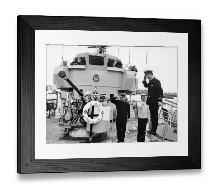 Framed Print : Prince Charles, The Prince of Wales on board HMS Bronington - he salutes as he is piped