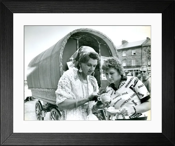 Framed Print : Fortune Teller Madame Edna Bellamy reading the tea leaves in 1975