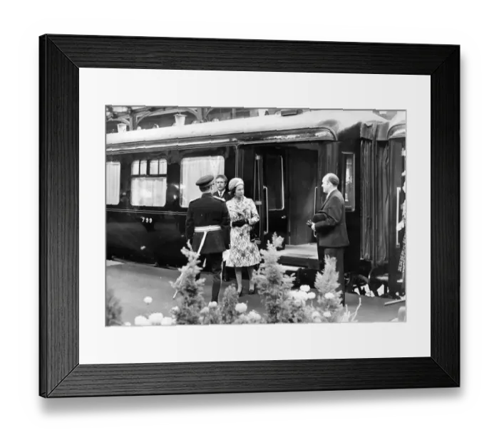 Framed Print : Queen Elizabeth II is greeted by Sir James Steel as she steps from the Royal Train Framed Print : Queen Elizabeth II is greeted by Sir James Steel as she steps from the Royal Train