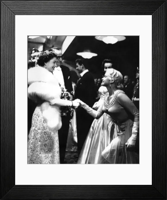 Framed Print : Queen Elizabeth II at the Royal Film Performance, hollywood film star Jayne Mansfield Framed Print : Queen Elizabeth II at the Royal Film Performance, hollywood film star Jayne Mansfield