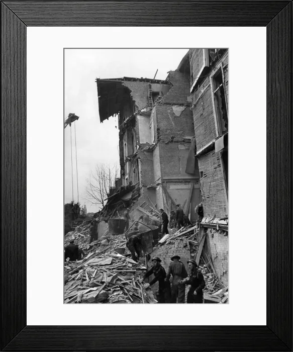 Framed Print : Blast damage to a block of flats at Maida Vale in London after a V1 flying bomb attack Framed Print : Blast damage to a block of flats at Maida Vale in London after a V1 flying bomb attack