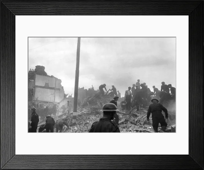 Framed Print : V1 flying bomb falls on dwelling houses and shops somewhere in Southern England Framed Print : V1 flying bomb falls on dwelling houses and shops somewhere in Southern England
