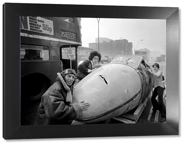 Aircraft arrives in Whitechapel High St for art show. February 1975 75-01071-004