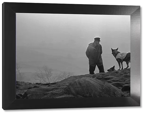 Mountain Rescue Dog Team seen here high on the Cumbrian hills. Circa 1975