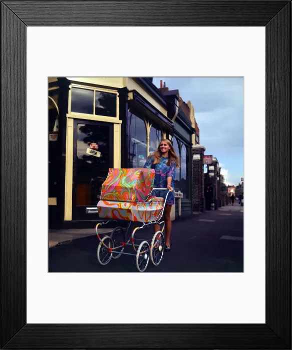 Framed Print : Sixties Fashion 1960s clothing Pschedelic paisley pram with Framed Print : Sixties Fashion 1960s clothing Pschedelic paisley pram with