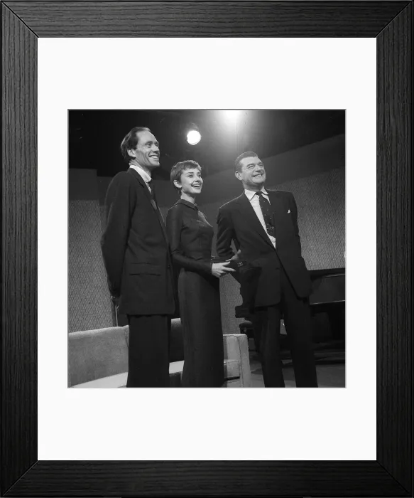 Framed Print : Audrey Hepburn with husband Mel Ferrer and Jack Hawkins. January 1955 Framed Print : Audrey Hepburn with husband Mel Ferrer and Jack Hawkins. January 1955