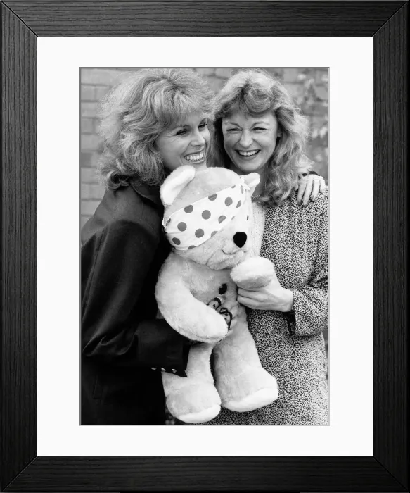 Framed Print : Joanna Lumley and Sue Cook with Pudsey Bear 1987 Framed Print : Joanna Lumley and Sue Cook with Pudsey Bear 1987