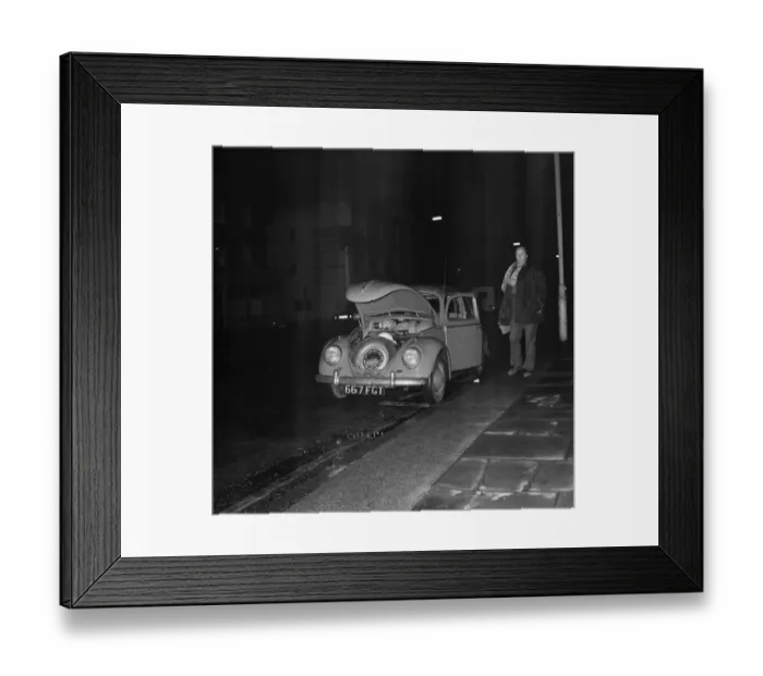 Framed Print : Bombs: Police chase V. W wanted on bomb squad list of wanted cars. January 1975 75-00512