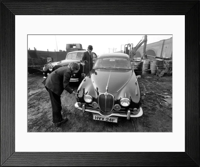 Framed Print : Unusual / Suit / Bowler Hat: Man Scraps Jaguar Car: On the other hand, Sales Director Mr Framed Print : Unusual / Suit / Bowler Hat: Man Scraps Jaguar Car: On the other hand, Sales Director Mr