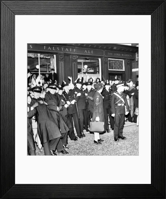 Framed Print : Police try to control fans in the streets of Liverpool before the premiere of the Beatles Framed Print : Police try to control fans in the streets of Liverpool before the premiere of the Beatles
