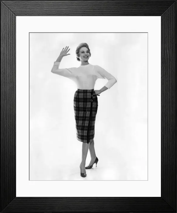 Framed Print : Maniquinn modelling tartan full length skirt and sweater. December 1958 P006895 Framed Print : Maniquinn modelling tartan full length skirt and sweater. December 1958 P006895