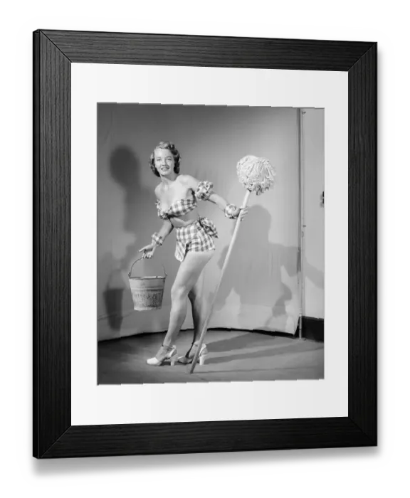 Framed Print : Cleaner wearing fancy dress. 1966 E25-002 Framed Print : Cleaner wearing fancy dress. 1966 E25-002
