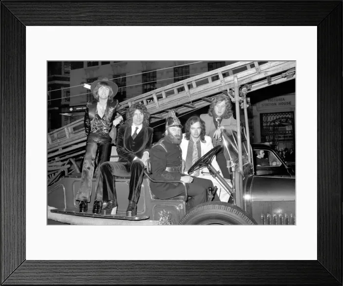 Framed Print : The Slade pop group on fire engine. L to R Dave Hill, Don Powell, Jimmy Lea, Noddy Holder Framed Print : The Slade pop group on fire engine. L to R Dave Hill, Don Powell, Jimmy Lea, Noddy Holder