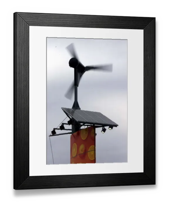 Framed Print : Solar panels topped by wind turbines September 1999 at the new Sainsburys Supermarket Framed Print : Solar panels topped by wind turbines September 1999 at the new Sainsburys Supermarket