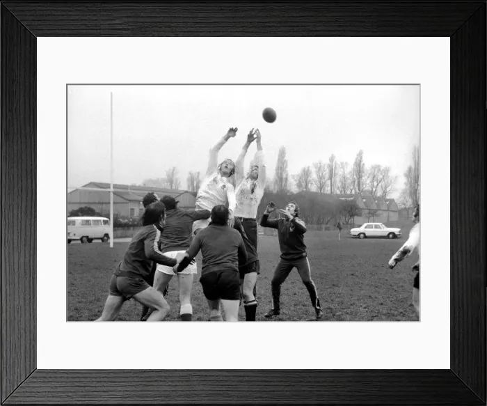 Framed Print : England Rugby team training at Twickenham. Ralston and Andy Ripley jump for the ball