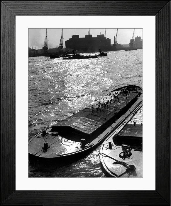 Framed Print : London Views Thames River November 1938 Grain Barge waiting to be unloaded Framed Print : London Views Thames River November 1938 Grain Barge waiting to be unloaded