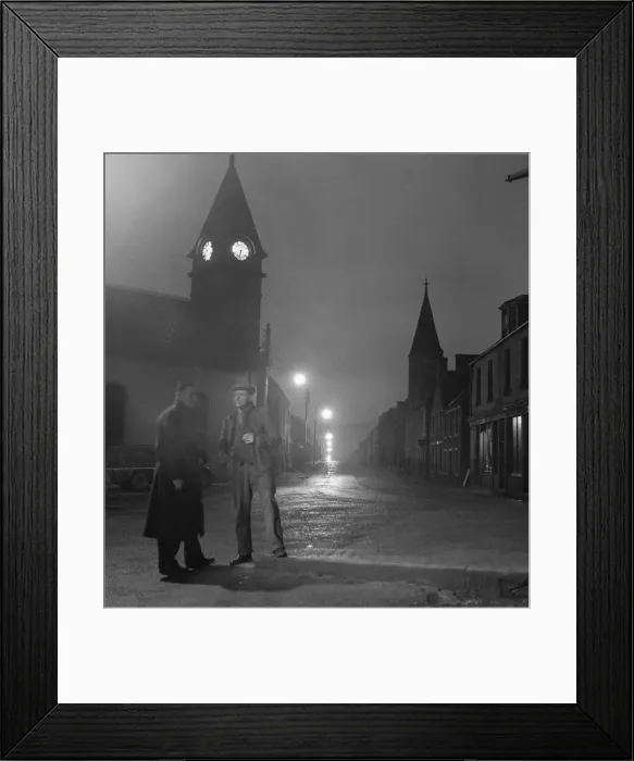 Framed Print : Two distillery workers seen here in Rothes High Street about to say goodnight after a Framed Print : Two distillery workers seen here in Rothes High Street about to say goodnight after a