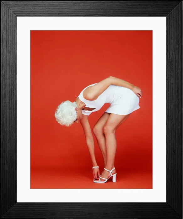 Framed Print : Model Eileen Catterson wearing a white dress July 1998 Blond hair Framed Print : Model Eileen Catterson wearing a white dress July 1998 Blond hair