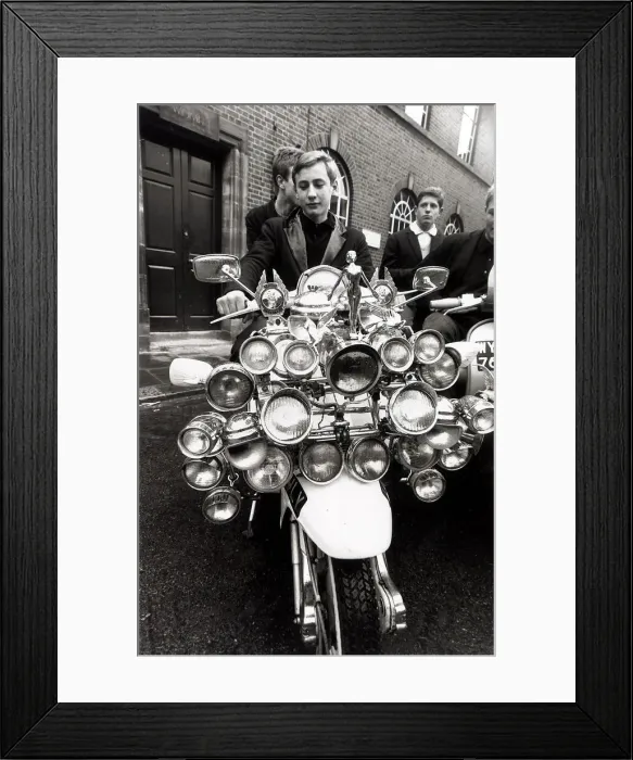 Framed Print : Motor Cycles John Rogers a petrol pump attendant shows of his Scooter Scooter with Framed Print : Motor Cycles John Rogers a petrol pump attendant shows of his Scooter Scooter with