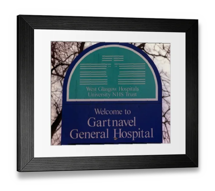 Framed Print : Gartnavel General hospital Glasgow March 1999 exterior sign logo NHS trust