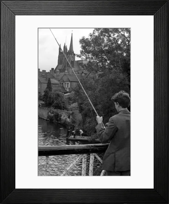 Framed Print : Angling. Young boy fishing in the River Leam at Leamington. 1st September 1970 Framed Print : Angling. Young boy fishing in the River Leam at Leamington. 1st September 1970