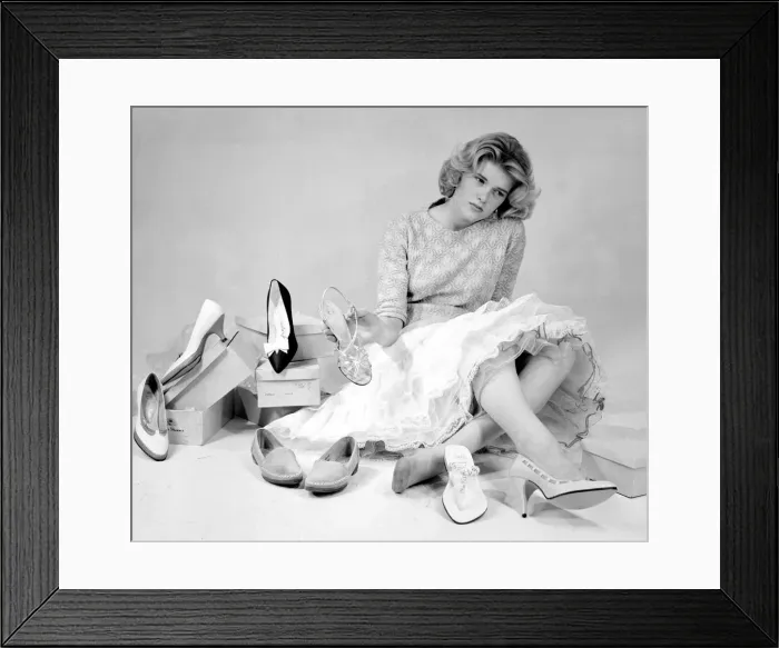 Framed Print : Shoes Shoes Shoes, Sunday People model tries on the latest 1959 footwear fashions Framed Print : Shoes Shoes Shoes, Sunday People model tries on the latest 1959 footwear fashions