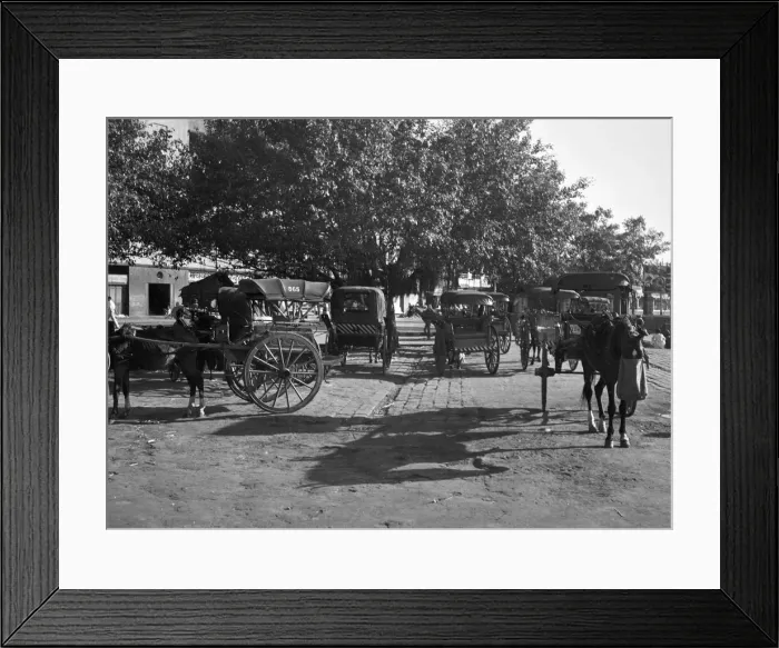 Framed Print : Horse - drawn taxis seen here waiting outside Poonah railway station. April 1959 Framed Print : Horse - drawn taxis seen here waiting outside Poonah railway station. April 1959