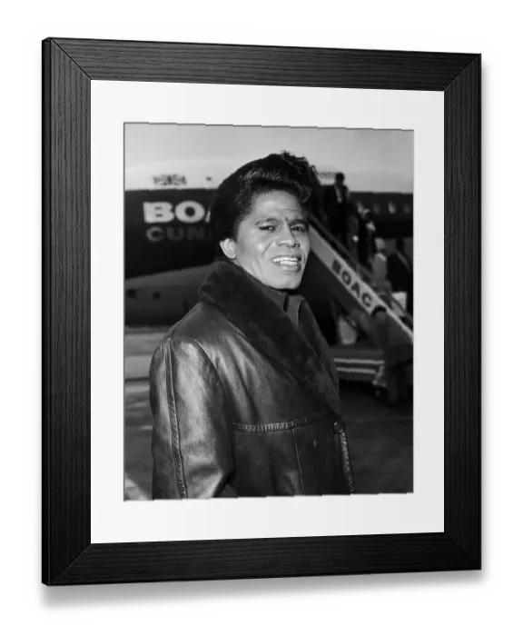 Framed Print : American soul singer James Brown arrives at london Airport before appearing on the ready