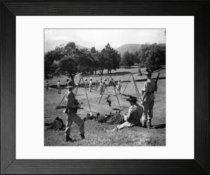 Framed Print : British troops guarding children from the threat of Mau-Mau terrorists 1952