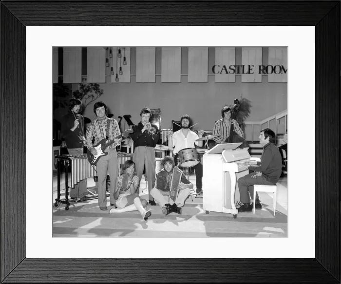 Framed Print : DJs Pop Group for one night. Radio 1 DJs play on Roy Castles show