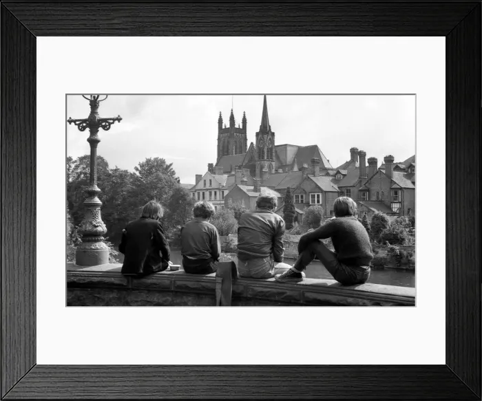 Framed Print : Angling. Young boys sitting on a bridge parapet fishing in the River Leam at Leamington Framed Print : Angling. Young boys sitting on a bridge parapet fishing in the River Leam at Leamington