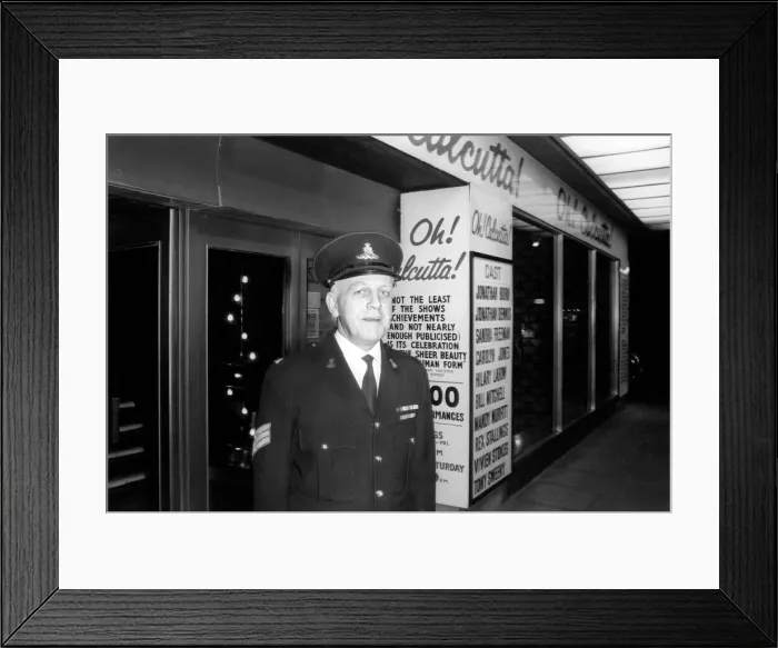 Framed Print : Theatre: Entertainment: Oh! Calcutta! Feature: Commissionaire Alf Bryant outside Framed Print : Theatre: Entertainment: Oh! Calcutta! Feature: Commissionaire Alf Bryant outside