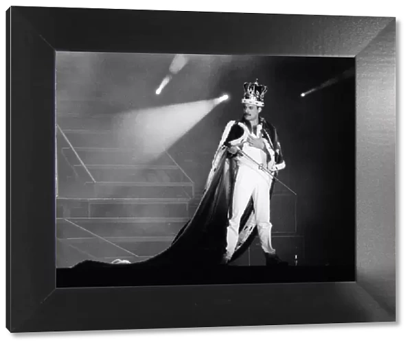Freddie Mercury, lead singer of the rock group Queen in concert at St James Park in