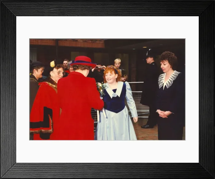 Framed Print : Queen Elizabeth II visits the North East - is presented a posy from Claire Kelly Framed Print : Queen Elizabeth II visits the North East - is presented a posy from Claire Kelly